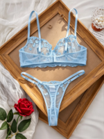 Conjunto de sujetador y bragas de encaje azul estilo francés para mujer, lencería sexy de encaje de pestañas, ropa interior transparente de malla, conjunto de dos piezas. - Imagen 3