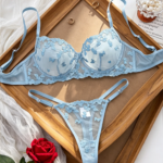 Conjunto de sujetador y bragas de encaje azul estilo francés para mujer, lencería sexy de encaje de pestañas, ropa interior transparente de malla, conjunto de dos piezas.