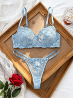 Conjunto de sujetador y bragas de encaje azul estilo francés para mujer, lencería sexy de encaje de pestañas, ropa interior transparente de malla, conjunto de dos piezas. - Imagen 2