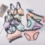 Conjunto de ropa interior de algodón a rayas suaves para mujer, Tops sexys con espalda de belleza, Bralette con tirantes y bragas, traje de 2 piezas