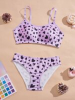 Conjunto de sujetador y bragas para adolescentes con estampado de corazones morados, sujetador sin aros y con relleno, bragas suaves y tirantes ajustables, lencería suave. - Imagen 3