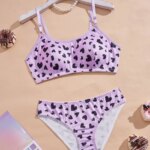 Conjunto de sujetador y bragas para adolescentes con estampado de corazones morados, sujetador sin aros y con relleno, bragas suaves y tirantes ajustables, lencería suave.