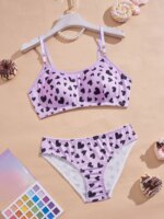Conjunto de sujetador y bragas para adolescentes con estampado de corazones morados, sujetador sin aros y con relleno, bragas suaves y tirantes ajustables, lencería suave.