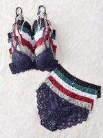 Conjunto de 6 piezas de sujetador y bragas para mujer, conjunto sexy con encaje estampado y patchwork, sin forro, ajuste cómodo, sujetador push-up para mujer, conjunto de ropa interior femenina - Imagen 3