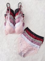 Conjunto de 6 piezas de sujetador y bragas para mujer, conjunto sexy con encaje estampado y patchwork, sin forro, ajuste cómodo, sujetador push-up para mujer, conjunto de ropa interior femenina - Imagen 2
