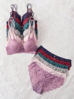 Conjunto de 6 piezas de sujetador y bragas para mujer, conjunto sexy con encaje estampado y patchwork, sin forro, ajuste cómodo, sujetador push-up para mujer, conjunto de ropa interior femenina - Imagen 4