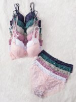 Conjunto de 6 piezas de sujetador y bragas para mujer, conjunto sexy con encaje estampado y patchwork, sin forro, ajuste cómodo, sujetador push-up para mujer, conjunto de ropa interior femenina