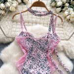 Body de encaje con estampado de leopardo rosa para mujer, cuello halter, tirantes finos, push-up, moldeador, lencería sexy, mono ajustado. - Imagen 5