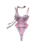 Body de encaje con estampado de leopardo rosa para mujer, cuello halter, tirantes finos, push-up, moldeador, lencería sexy, mono ajustado.