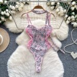 Body de encaje con estampado de leopardo rosa para mujer, cuello halter, tirantes finos, push-up, moldeador, lencería sexy, mono ajustado. - Imagen 4