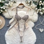 Body de encaje con estampado de leopardo rosa para mujer, cuello halter, tirantes finos, push-up, moldeador, lencería sexy, mono ajustado. - Imagen 2
