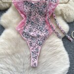 Body de encaje con estampado de leopardo rosa para mujer, cuello halter, tirantes finos, push-up, moldeador, lencería sexy, mono ajustado. - Imagen 6