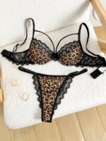Conjunto de Lencería con Estampado de Leopardo Salvaje, Sujetador con Aros y Encaje Festoneado con Tirantes y Aberturas, 2 Piezas, Atuendo Íntimo para Citas Románticas - Imagen 2