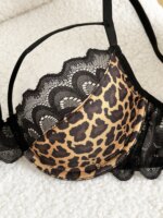 Conjunto de Lencería con Estampado de Leopardo Salvaje, Sujetador con Aros y Encaje Festoneado con Tirantes y Aberturas, 2 Piezas, Atuendo Íntimo para Citas Románticas - Imagen 5
