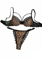 Conjunto de Lencería con Estampado de Leopardo Salvaje, Sujetador con Aros y Encaje Festoneado con Tirantes y Aberturas, 2 Piezas, Atuendo Íntimo para Citas Románticas