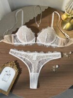 Conjunto de bralette y bragas blancas de encaje francés para mujer, conjunto de dos piezas de ropa interior sexy y fina de verano Pure Desire
