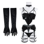 Conjunto de lencería Sexy con lazo calado para mujer, ropa exótica sólida, traje femenino, ropa interior de estilo puro deseo con liga y guantes