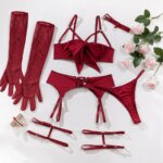 Conjunto de lencería Sexy con lazo calado para mujer, ropa exótica sólida, traje femenino, ropa interior de estilo puro deseo con liga y guantes - Imagen 3