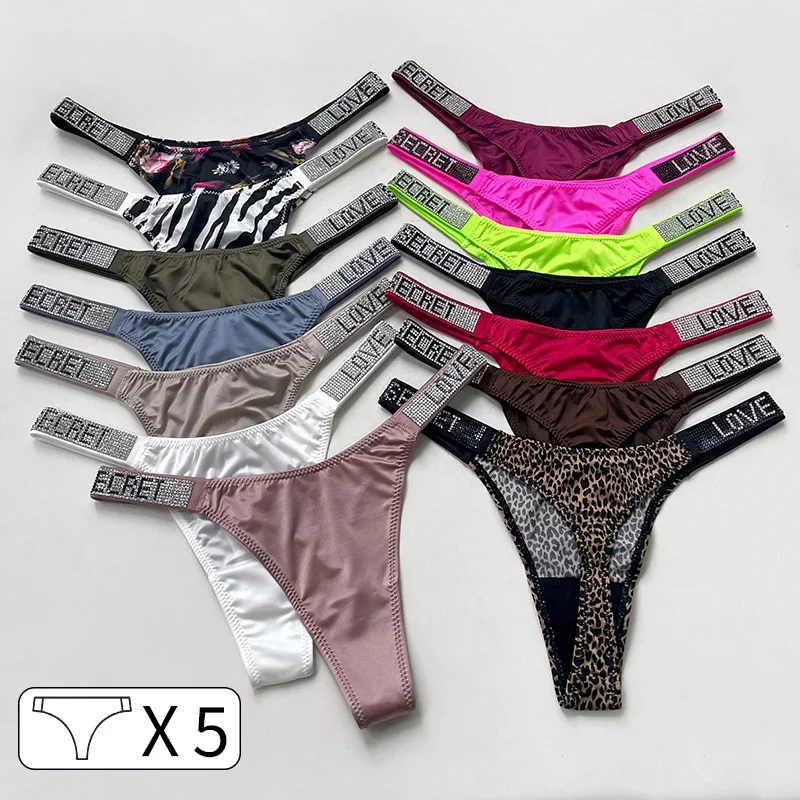 30599-y9mneo.jpg Bragas sexis de cintura baja para mujer, tangas con diamantes de imitación y letras, Tanga deportiva, pantalones cortos, calzoncillos con espalda en T, talla S-XL, 5 uds. - Imagen 1