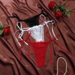 Tanga de encaje con lazo lateral, diseño sexy, con adorno de lazo y detalles de encaje floral, ajustable, ropa interior femenina, lencería sexy.