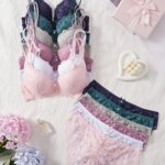 Conjunto de lencería de 6 piezas para mujer, con encaje floral, sujetador push-up, bragas sexys con aberturas, cómodo conjunto de lencería.