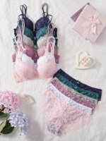Conjunto de lencería de 6 piezas para mujer, con encaje floral, sujetador push-up, bragas sexys con aberturas, cómodo conjunto de lencería.