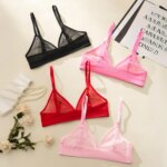 Sujetador transparente sexy para mujer, conjunto de tres piezas, lencería de malla para busto pequeño, ultrafino, con tirantes dobles triangulares - Imagen 6