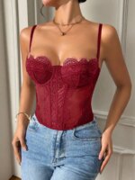 Top corsé de encaje morado para mujer, body sexy con tirantes ajustables. - Imagen 2
