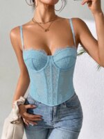 Top corsé de encaje morado para mujer, body sexy con tirantes ajustables. - Imagen 3