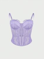 Top corsé de encaje morado para mujer, body sexy con tirantes ajustables.