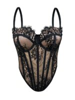 Top corsé de encaje negro para mujer, con detalles florales, y body moldeador. - Imagen 3