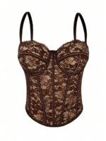Top corsé de encaje negro para mujer, con detalles florales, y body moldeador. - Imagen 6