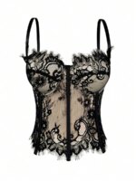 Top corsé de encaje negro para mujer, con detalles florales, y body moldeador. - Imagen 4