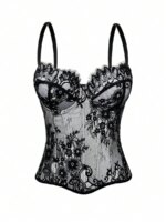 Top corsé de encaje negro para mujer, con detalles florales, y body moldeador. - Imagen 5