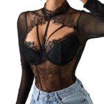 Body Sexy con corsé de encaje para mujer, ropa moldeadora de manga larga, mono ajustado con cuello redondo, lencería con aros, mono para club nocturno