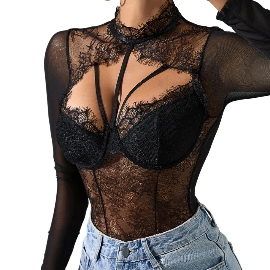 34049-8lyokp.jpg Body Sexy con corsé de encaje para mujer, ropa moldeadora de manga larga, mono ajustado con cuello redondo, lencería con aros, mono para club nocturno - Imagen 1