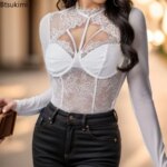 Body Sexy con corsé de encaje para mujer, ropa moldeadora de manga larga, mono ajustado con cuello redondo, lencería con aros, mono para club nocturno - Imagen 5