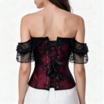 Top corsé de encaje floral con diseño de hombros descubiertos para mujer, con cierre frontal y cordones en la espalda, estilo gótico, ideal para disfraces de Halloween. - Imagen 2