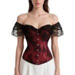 Top corsé de encaje floral con diseño de hombros descubiertos para mujer, con cierre frontal y cordones en la espalda, estilo gótico, ideal para disfraces de Halloween.