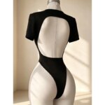 Body de manga corta básico de la marca QQ, para mujer, ideal para el verano, con cuello redondo, corte ajustado, estilo «romper», para uso urbano, de alta calidad, con espalda descubierta y muy cómodo. - Imagen 4