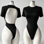 Body de manga corta básico de la marca QQ, para mujer, ideal para el verano, con cuello redondo, corte ajustado, estilo «romper», para uso urbano, de alta calidad, con espalda descubierta y muy cómodo.
