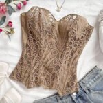 Faja Moldeadora sin Mangas con Encaje Floral y Diseño de Espina de Pescado para Mujer, Ajuste Delgado, Control de Abdomen, Corsé con Cordones, Estilo Urbano