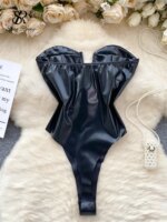 SINGREINY-body Sexy de cuero PU sin tirantes para mujer, traje Bandage con espalda descubierta, ropa de calle Retro americana, pelele, monos de verano - Imagen 2