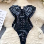 SINGREINY-body Sexy de cuero PU sin tirantes para mujer, traje Bandage con espalda descubierta, ropa de calle Retro americana, pelele, monos de verano