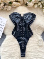 SINGREINY-body Sexy de cuero PU sin tirantes para mujer, traje Bandage con espalda descubierta, ropa de calle Retro americana, pelele, monos de verano