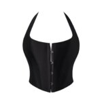 Top corsé de cuero sintético con cuello halter para mujer, con hebilla frontal, cordones en la espalda y diseño que estiliza la cintura. Bustier sexy para uso diario o en fiestas.
