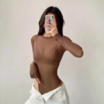 Mono de manga larga con cuello redondo de malla para mujer, ropa Sexy Retro, Jersey, Top Sexy - Imagen 6