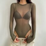 Mono de manga larga con cuello redondo de malla para mujer, ropa Sexy Retro, Jersey, Top Sexy