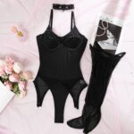 Conjunto de lencería gótica de 4 piezas para mujer: body de tirantes finos con aros, teddy de una pieza de malla transparente, liguero y medias - Imagen 6