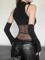 Body negro, lencería Sexy para mujer, corsé transparente, Top, traje Rave para mujer, retazos de malla, lencería femenina de una pieza - Imagen 5